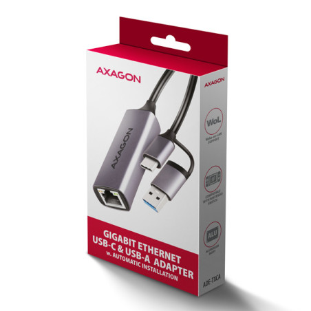 AXAGON ADE-TXCA, USB-C + USB-A 3.2 Gen 1 - Gigabit Ethernet sieťová karta, Asix AX88179, auto inštal