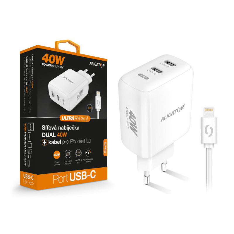 Múdra sieťová nabíjačka ALIGATOR Power Delivery 40W, 2xUSB-C, USB-C kábel pre iPhone / iPad, biela