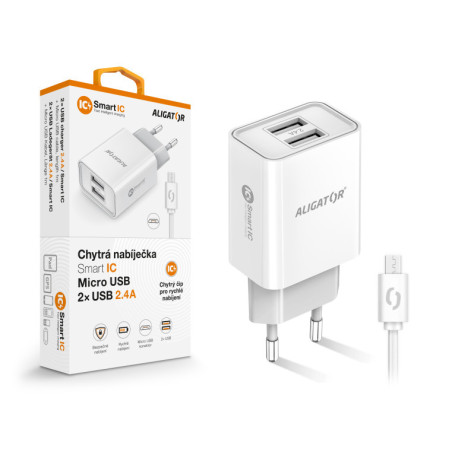 Múdra sieťová nabíjačka ALIGATOR 2,4A, 2xUSB, smart IC, biela, micro USB kábel
