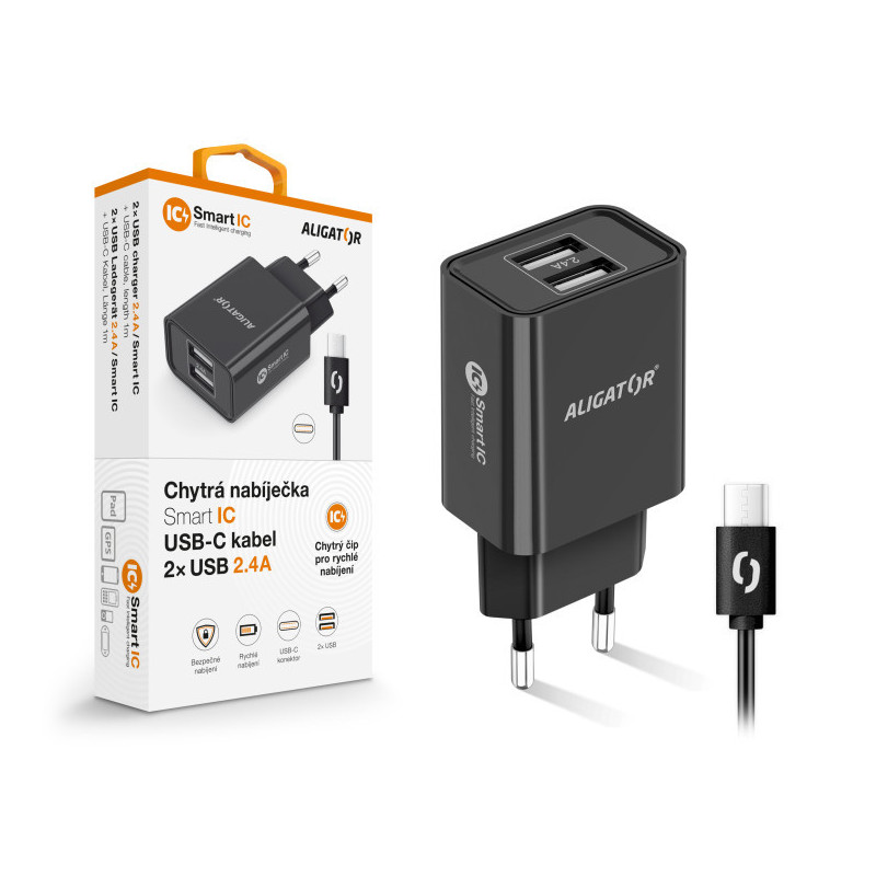 Múdra sieťová nabíjačka ALIGATOR 2,4A, 2xUSB, smart IC, čierna, USB-C kábel