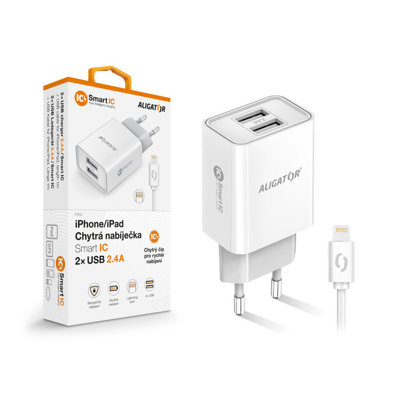 Múdra sieťová nabíjačka ALIGATOR 2,4A, 2xUSB, smart IC, biela, USB kábel pre iPhone / iPad