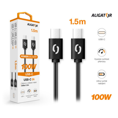Dátový kábel ALIGATOR POWER 100W, USB-C/USB-C 5A, 1,5m čierny