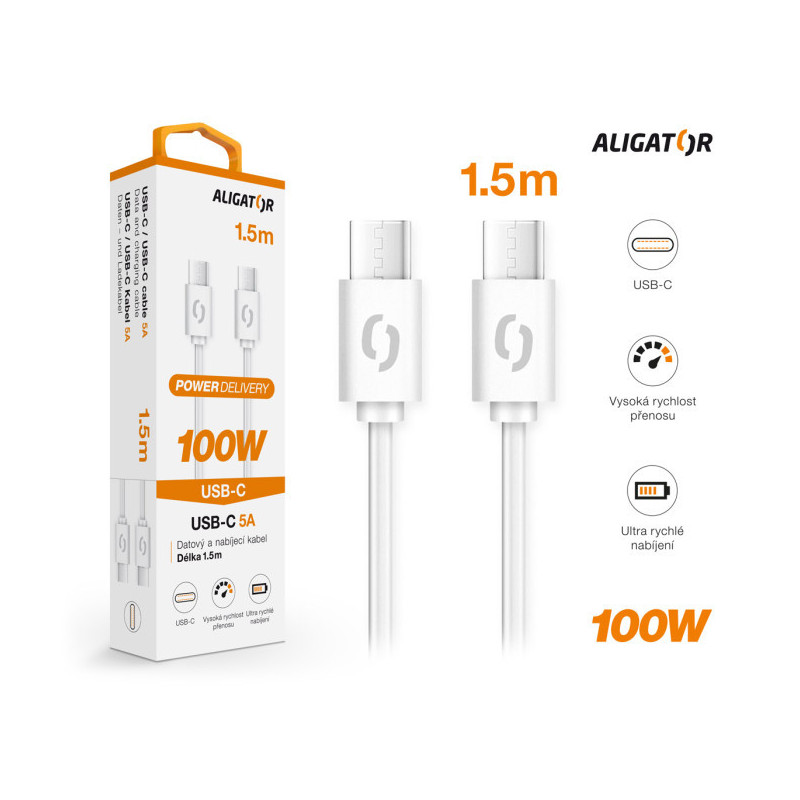 Dátový kábel ALIGATOR POWER 100W, USB-C/USB-C 5A, 1,5m biely