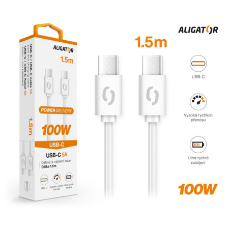 Dátový kábel ALIGATOR POWER 100W, USB-C/USB-C 5A, 1,5m biely