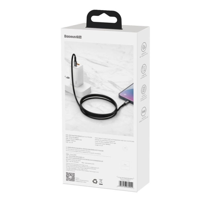Baseus Dátový kábel Tungsten Gold PD 20W 2m USB-C/Lightning čierny