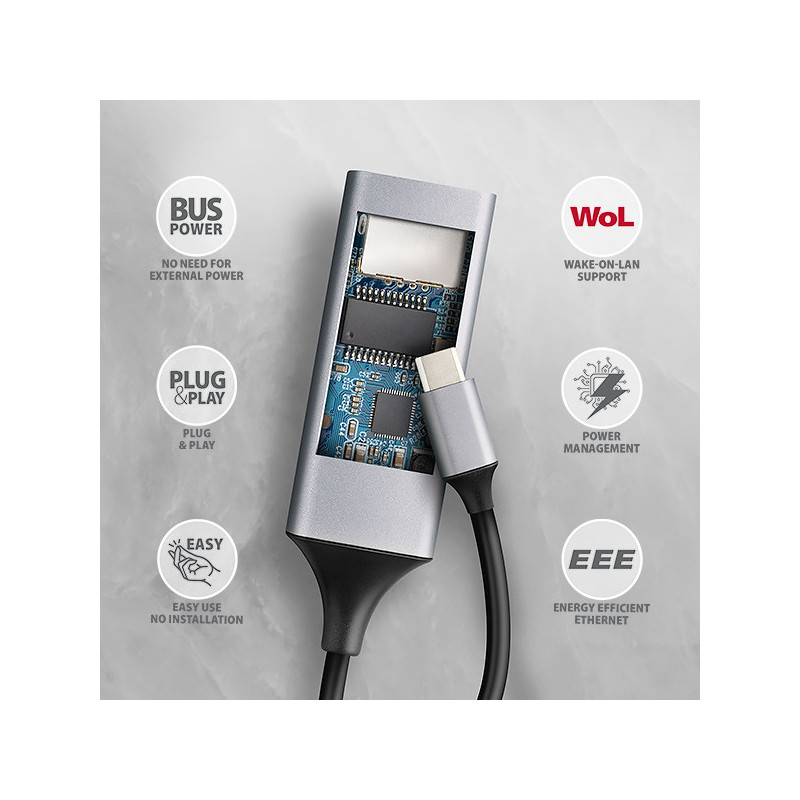 AXAGON ADE-TXPD, USB-C 3.2 Gen 1 - Gigabit Ethernet sieťová karta, Asix AX88179, PD 100W, auto inštal