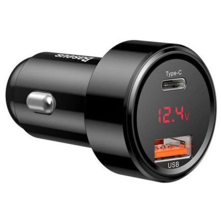 Baseus nabíjačka do auta Magic USB-C PD, USB-A 45W s displejom čierna