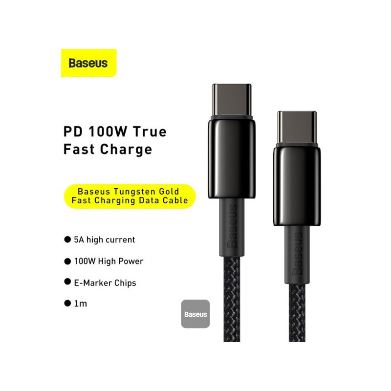 Baseus rýchlonabíjací dátový kábel Tungsten Gold 100W 1m USB-C na USB-C čierny