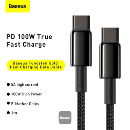 Baseus rýchlonabíjací dátový kábel Tungsten Gold 100W 1m USB-C na USB-C čierny