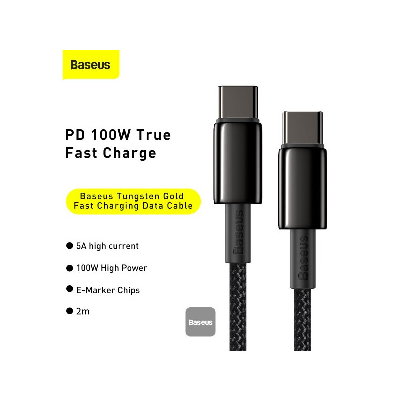 Baseus dátový kábel Tungsten Gold USB-C/USB-C 2m 100W čierny