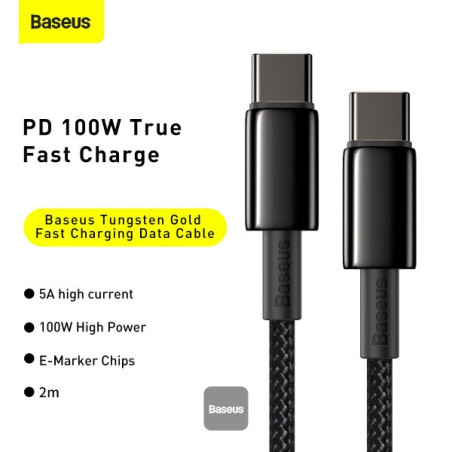 Baseus dátový kábel Tungsten Gold USB-C/USB-C 2m 100W čierny