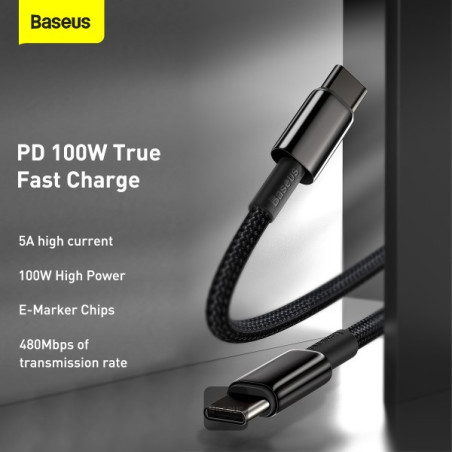 Baseus dátový kábel Tungsten Gold USB-C/USB-C 2m 100W čierny