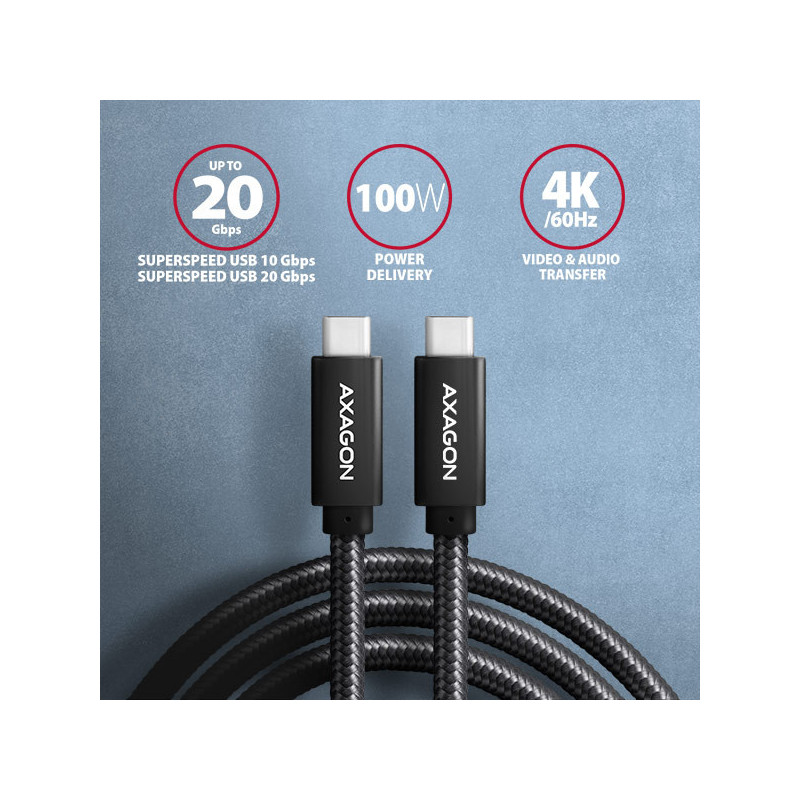 AXAGON BUCM32-CM05AB, SPEED+ kábel USB-C → USB-C, 0.5m, USB 20Gbps, PD 100W 5A, 4K HD, ALU, oplet