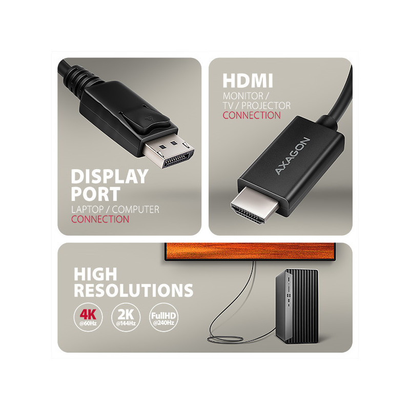 AXAGON RVD-HI20C2, DisplayPort → HDMI 2.0b redukcia / kábel 1.8m, 4K/60Hz