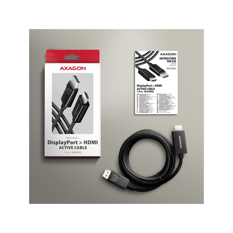 AXAGON RVD-HI20C2, DisplayPort → HDMI 2.0b redukcia / kábel 1.8m, 4K/60Hz