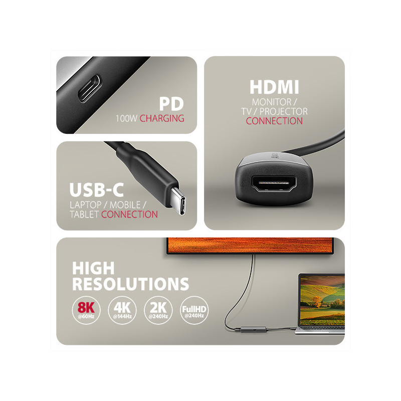 AXAGON RVC-HI8KPD, USB-C → HDMI 2.1 redukcia/adapter, 8K/60Hz, 4K/144Hz, HDR10+, PD100W