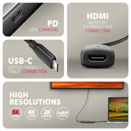 AXAGON RVC-HI8KPD, USB-C → HDMI 2.1 redukcia/adapter, 8K/60Hz, 4K/144Hz, HDR10+, PD100W