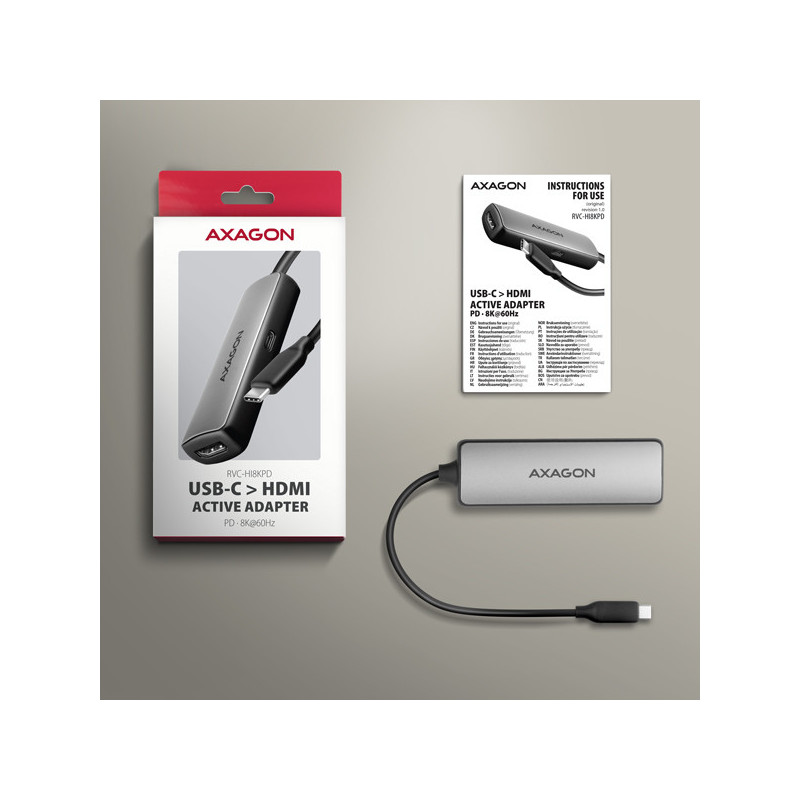 AXAGON RVC-HI8KPD, USB-C → HDMI 2.1 redukcia/adapter, 8K/60Hz, 4K/144Hz, HDR10+, PD100W
