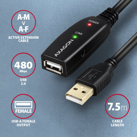 AXAGON ADR-207, USB 2.0 A-M → A-F aktívny predlžovací / repeater kábel, 7.5m