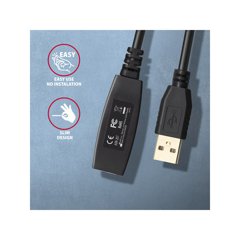 AXAGON ADR-207, USB 2.0 A-M → A-F aktívny predlžovací / repeater kábel, 7.5m