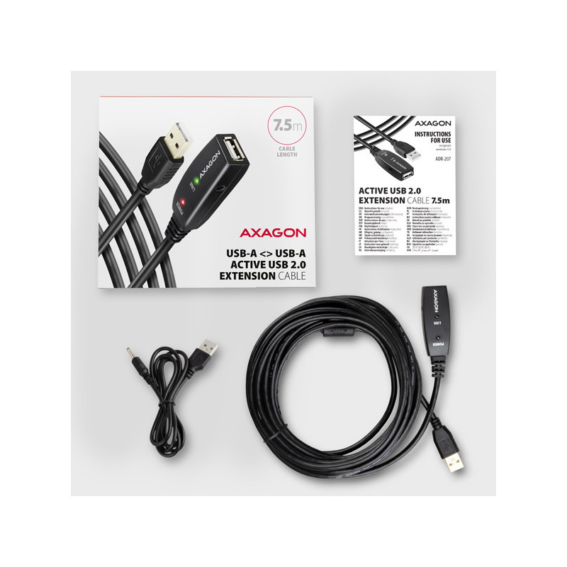 AXAGON ADR-207, USB 2.0 A-M → A-F aktívny predlžovací / repeater kábel, 7.5m