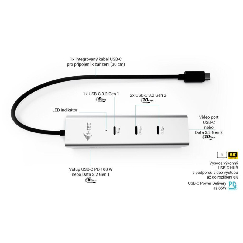 i-tec USB-C Charging Metal HUB 5port s USB-C video 8K, Power Delivery 85W