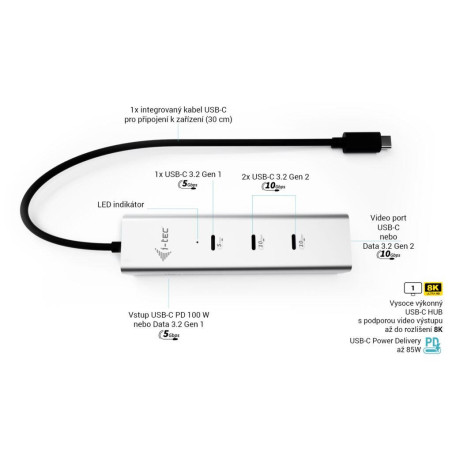 i-tec USB-C Charging Metal HUB 5port s USB-C video 8K, Power Delivery 85W
