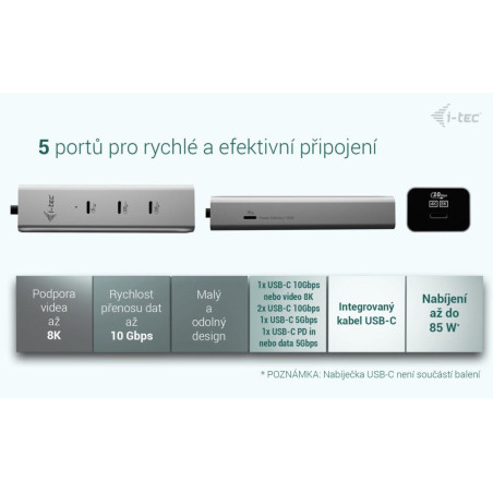 i-tec USB-C Charging Metal HUB 5port s USB-C video 8K, Power Delivery 85W