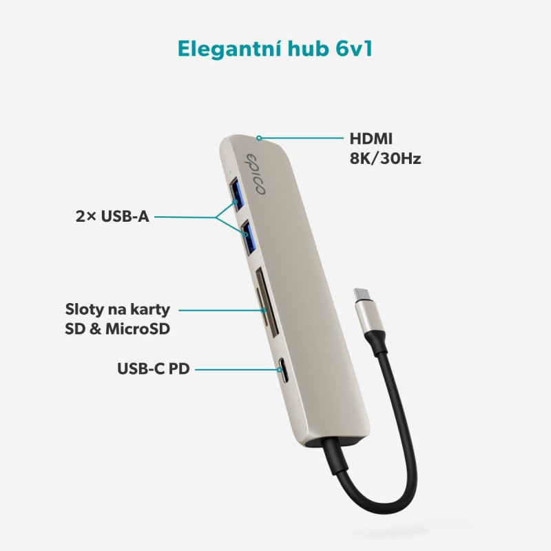 Epico 6v1 hliníkový USB-C 8K hub - biela