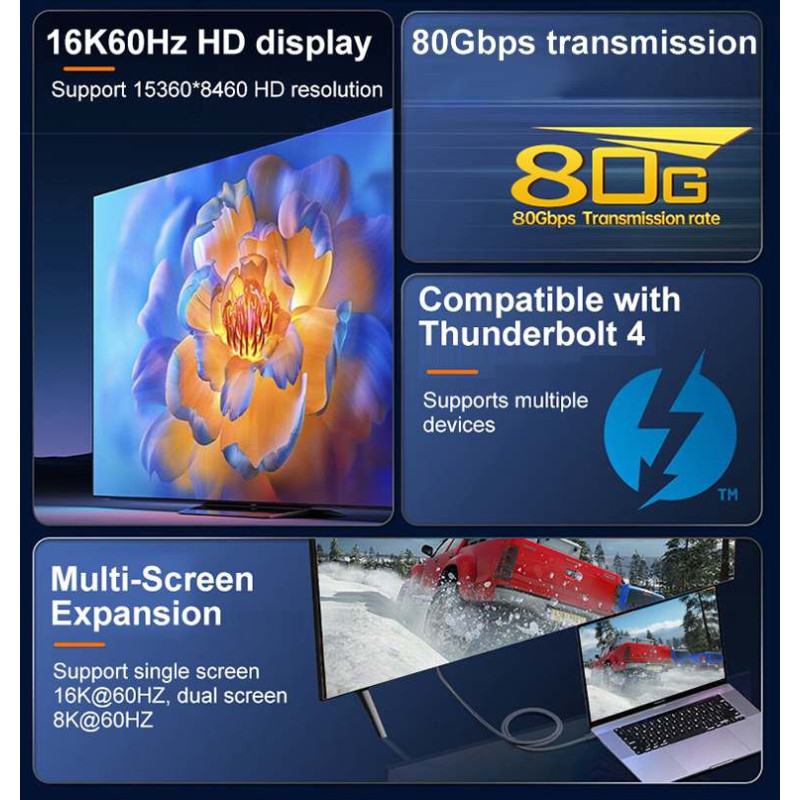 PremiumCord USB4™ Version2.0 80Gbps 16K@60Hz 240W Thunderbolt 3 a 4 kábel zahnutý 0,8m