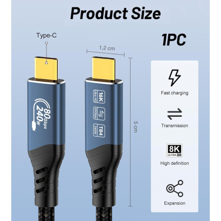PremiumCord USB4™ Version2.0 80Gbps 16K@60Hz 240W Thunderbolt 3 a 4 kábel zahnutý 1,5m