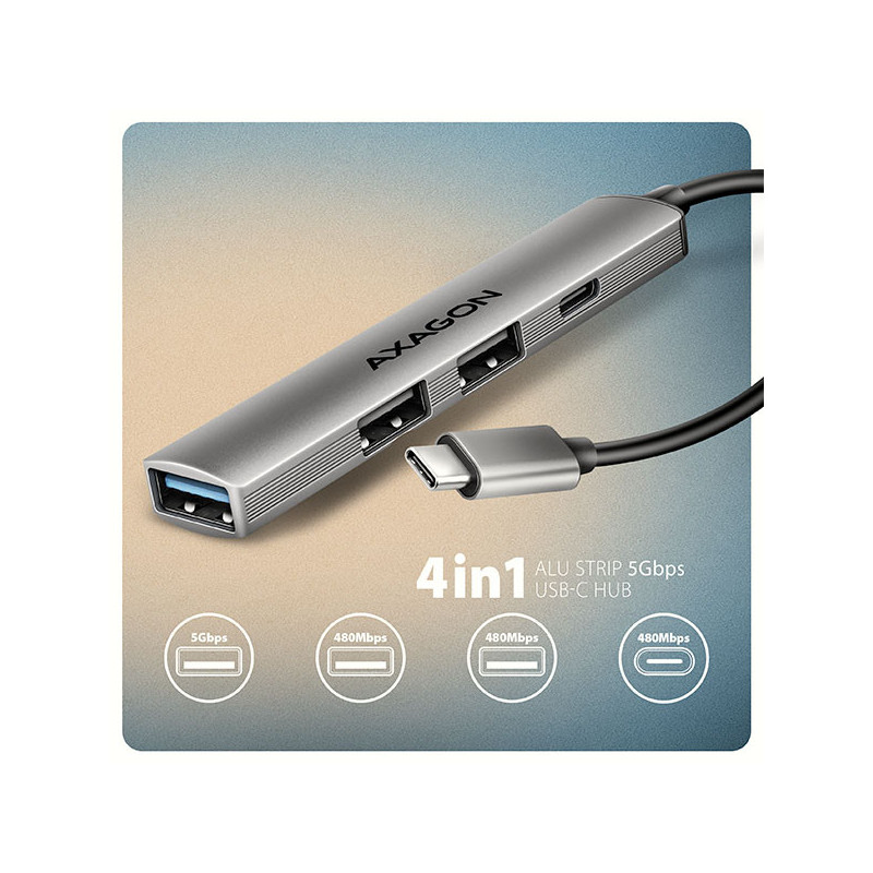 AXAGON HUE-STC, 4x USB ALU STRIP hub, 1x USB-A 5Gbps, 2x USB-A & 1x USB-C 480Mbps, kábel USB-C 12cm