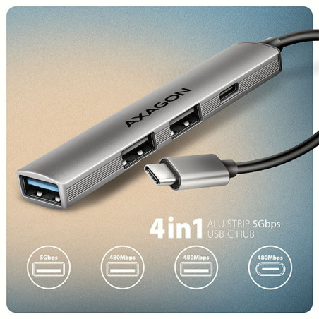 AXAGON HUE-STC, 4x USB ALU STRIP hub, 1x USB-A 5Gbps, 2x USB-A & 1x USB-C 480Mbps, kábel USB-C 12cm