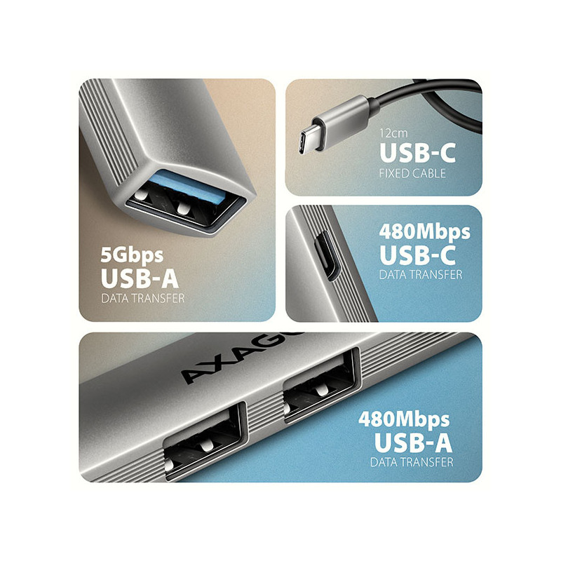 AXAGON HUE-STC, 4x USB ALU STRIP hub, 1x USB-A 5Gbps, 2x USB-A & 1x USB-C 480Mbps, kábel USB-C 12cm