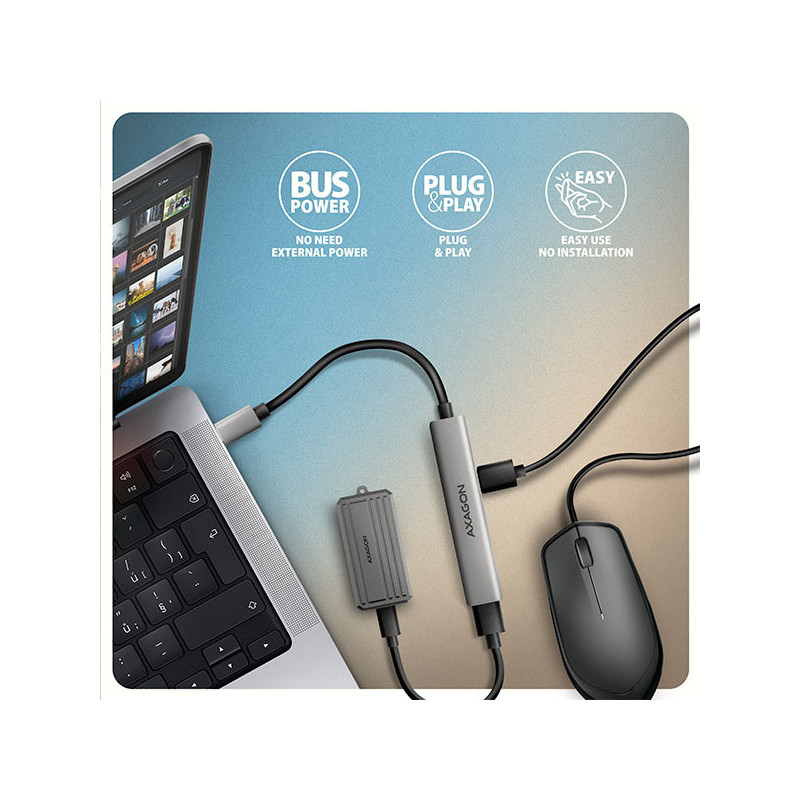 AXAGON HUE-STC, 4x USB ALU STRIP hub, 1x USB-A 5Gbps, 2x USB-A & 1x USB-C 480Mbps, kábel USB-C 12cm
