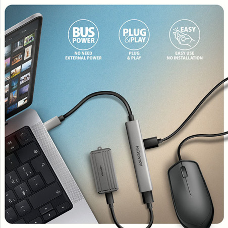 AXAGON HUE-STC, 4x USB ALU STRIP hub, 1x USB-A 5Gbps, 2x USB-A & 1x USB-C 480Mbps, kábel USB-C 12cm