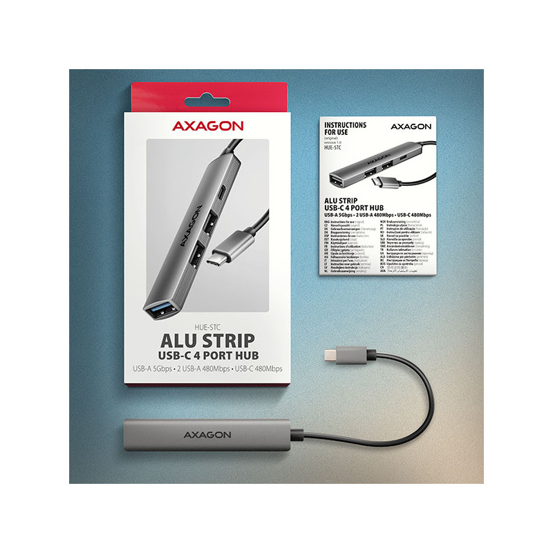 AXAGON HUE-STC, 4x USB ALU STRIP hub, 1x USB-A 5Gbps, 2x USB-A & 1x USB-C 480Mbps, kábel USB-C 12cm