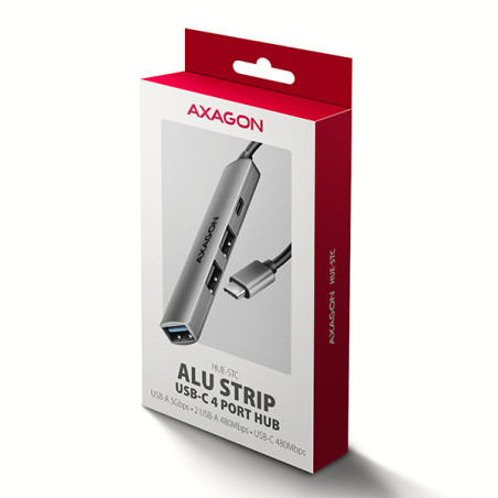 AXAGON HUE-STC, 4x USB ALU STRIP hub, 1x USB-A 5Gbps, 2x USB-A & 1x USB-C 480Mbps, kábel USB-C 12cm