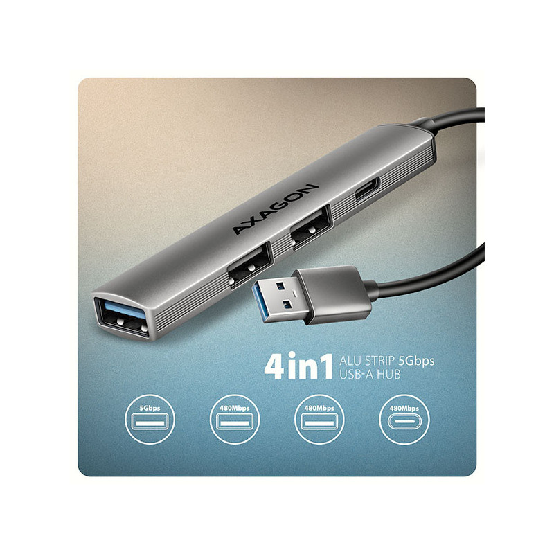 AXAGON HUE-STA, 4x USB ALU STRIP hub, 1x USB-A 5Gbps, 2x USB-A & 1x USB-C 480Mbps, kábel USB-A 12cm