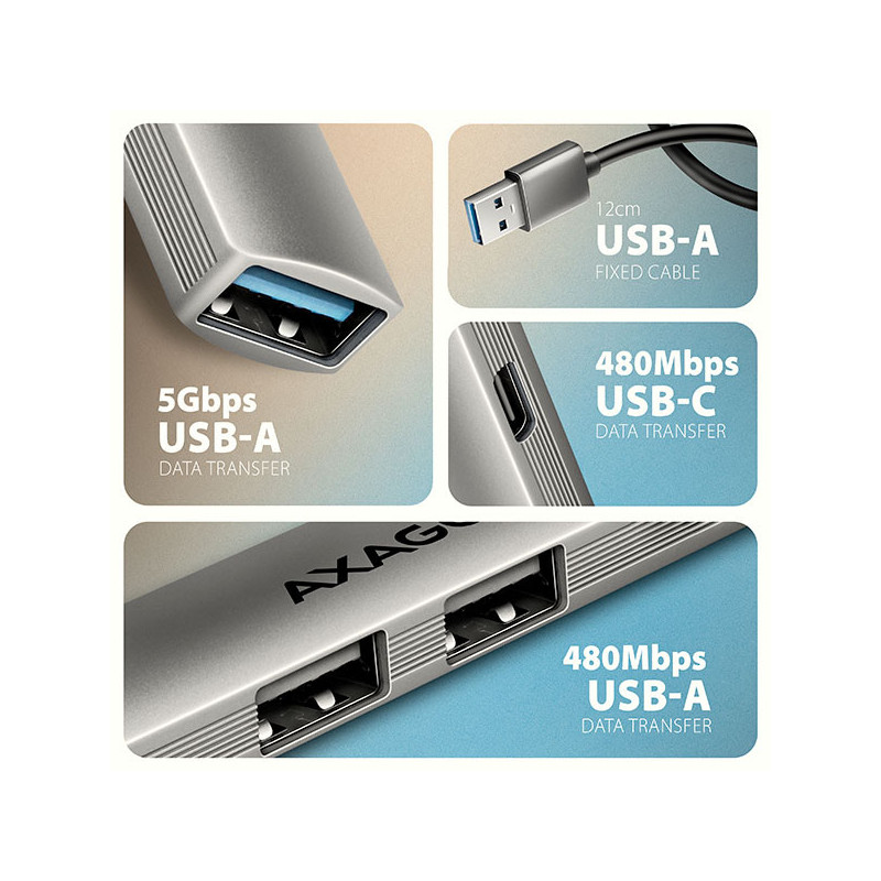 AXAGON HUE-STA, 4x USB ALU STRIP hub, 1x USB-A 5Gbps, 2x USB-A & 1x USB-C 480Mbps, kábel USB-A 12cm