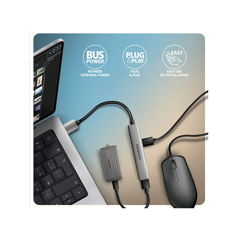 AXAGON HUE-STA, 4x USB ALU STRIP hub, 1x USB-A 5Gbps, 2x USB-A & 1x USB-C 480Mbps, kábel USB-A 12cm