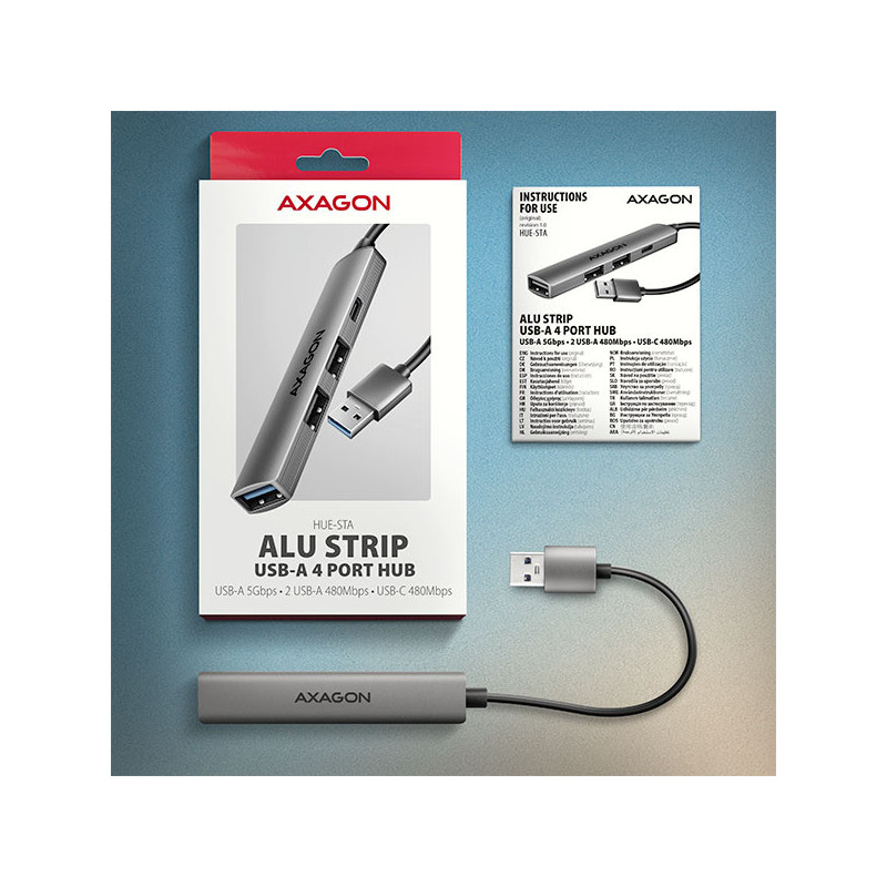 AXAGON HUE-STA, 4x USB ALU STRIP hub, 1x USB-A 5Gbps, 2x USB-A & 1x USB-C 480Mbps, kábel USB-A 12cm