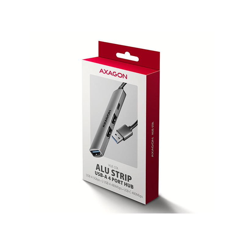 AXAGON HUE-STA, 4x USB ALU STRIP hub, 1x USB-A 5Gbps, 2x USB-A & 1x USB-C 480Mbps, kábel USB-A 12cm