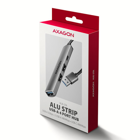 AXAGON HUE-STA, 4x USB ALU STRIP hub, 1x USB-A 5Gbps, 2x USB-A & 1x USB-C 480Mbps, kábel USB-A 12cm
