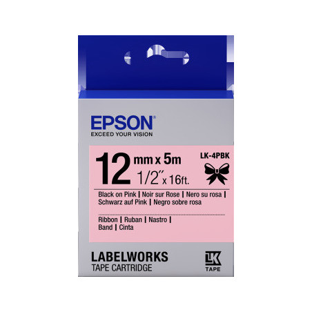 Epson zásobník so štítkami – saténový pásik, LK-4HKK, čierna/ružová, 12 mm (5 m)