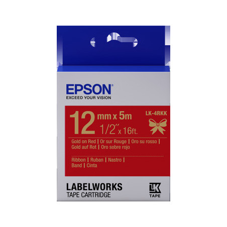 Epson zásobník so štítkami – saténový pásik, LK-4HKK, zlatá/červená, 12 mm (5 m)