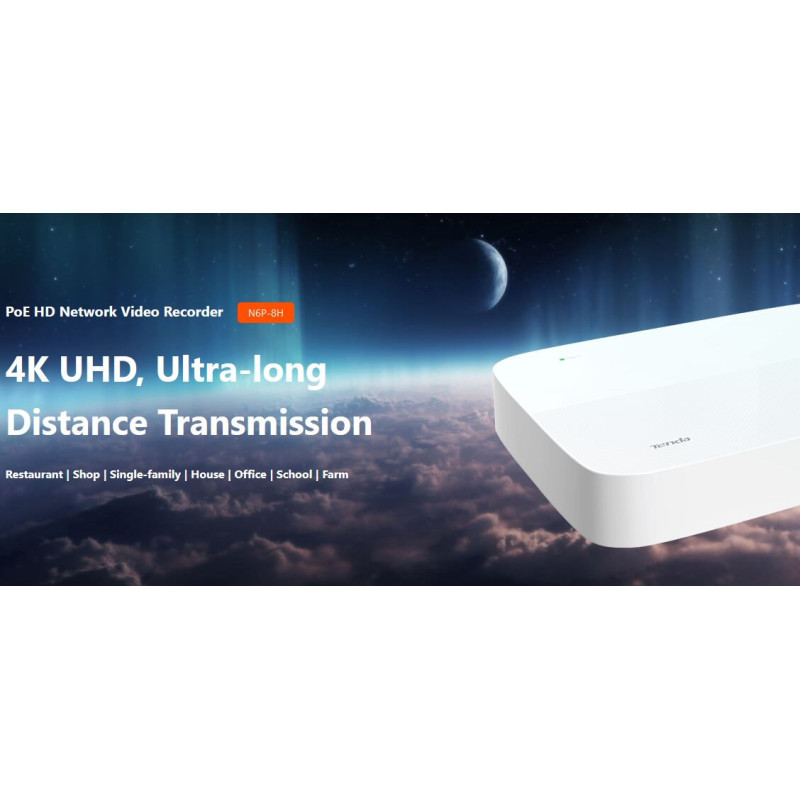 Tenda N6P-8H - PoE kamerový 4K NVR rekordér, 8 kanálov, H.265+, OnViF, zvuk, web. rozhranie, CZ app