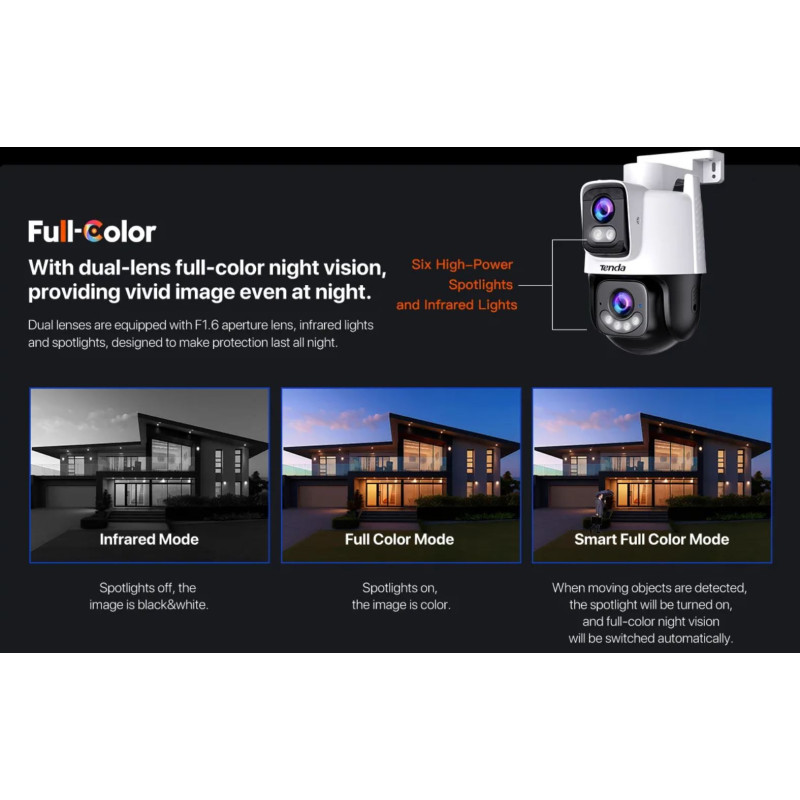 Tenda RH9-WCA - Vonkajšia otočná Dual Lens IP65 Wi-Fi 6 MPx kamera, nočná LED, audio, detekcia, CZ app