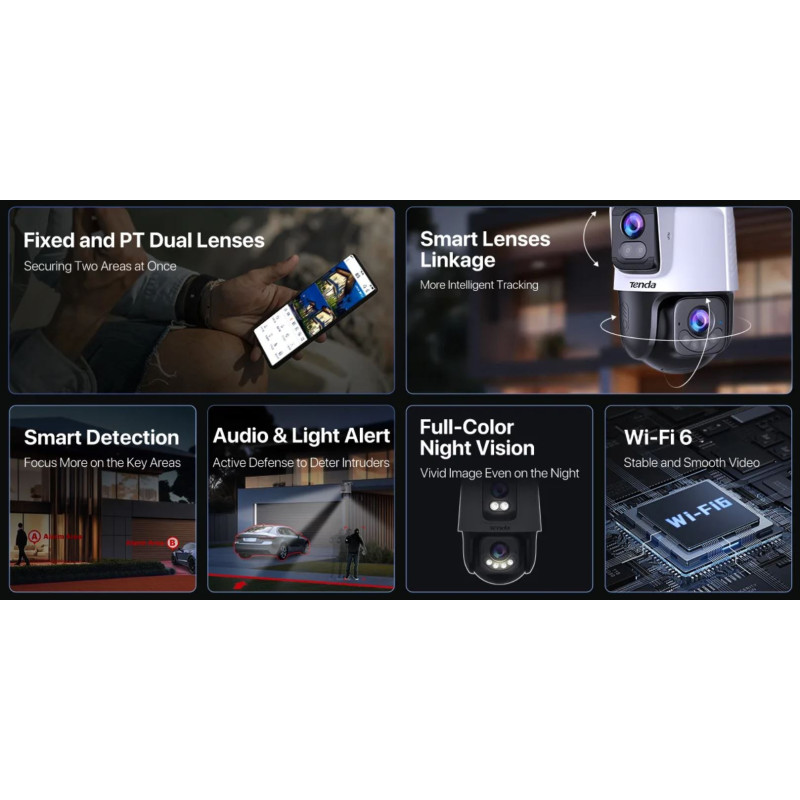 Tenda RH9-WCA - Vonkajšia otočná Dual Lens IP65 Wi-Fi 6 MPx kamera, nočná LED, audio, detekcia, CZ app