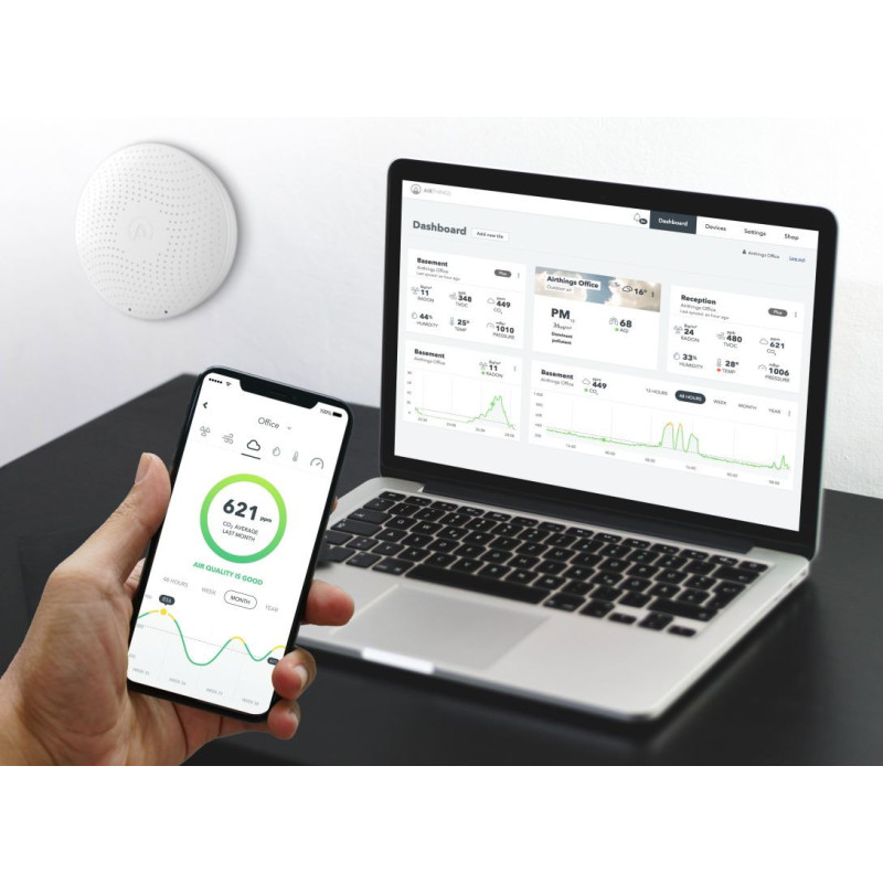 AirThings Wave plus - senzor kvality ovzdušia, radónu, vlhkosti, teploty, VOC, CO2 a tlaku